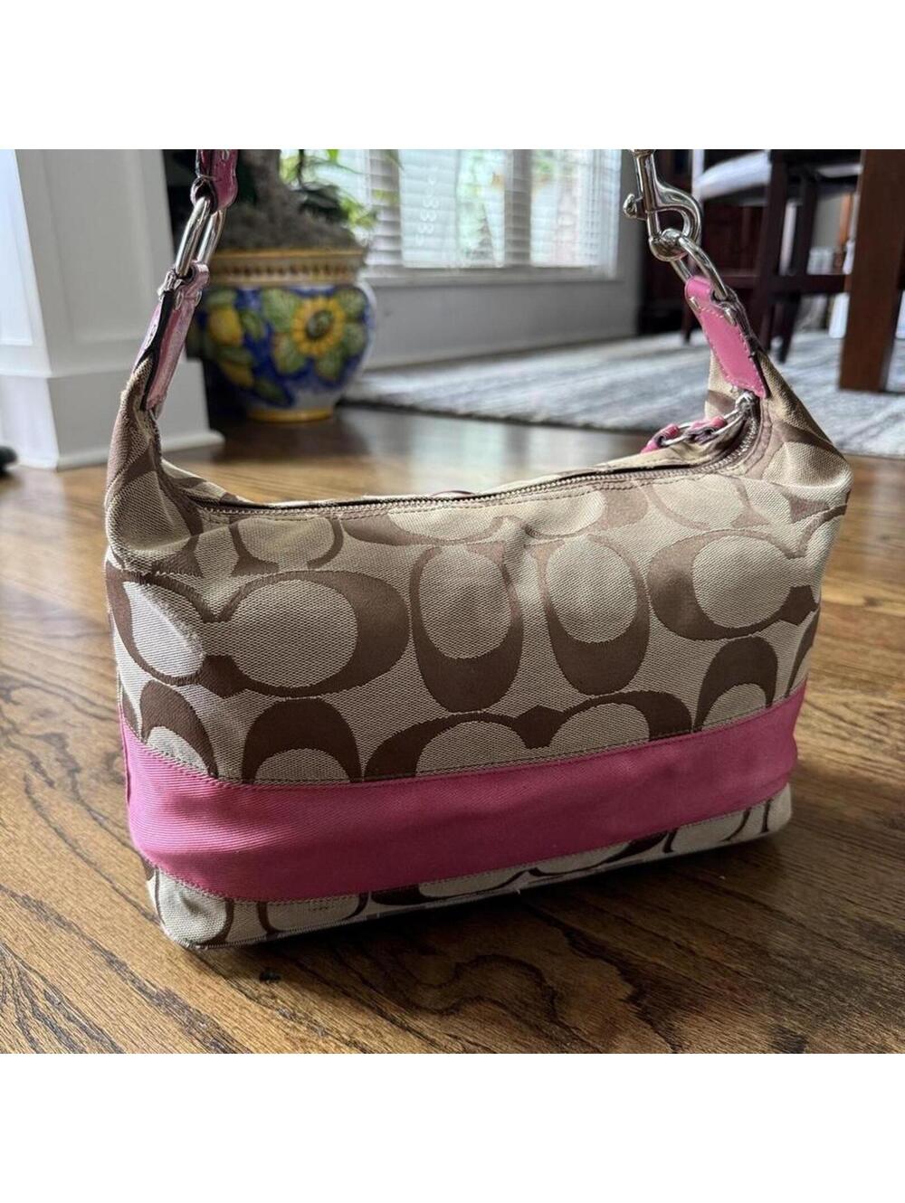 💖👜 Coach Signature Stripe Shoulder Bag Y2K Pink Canvas Purse - Picture 6 of 8